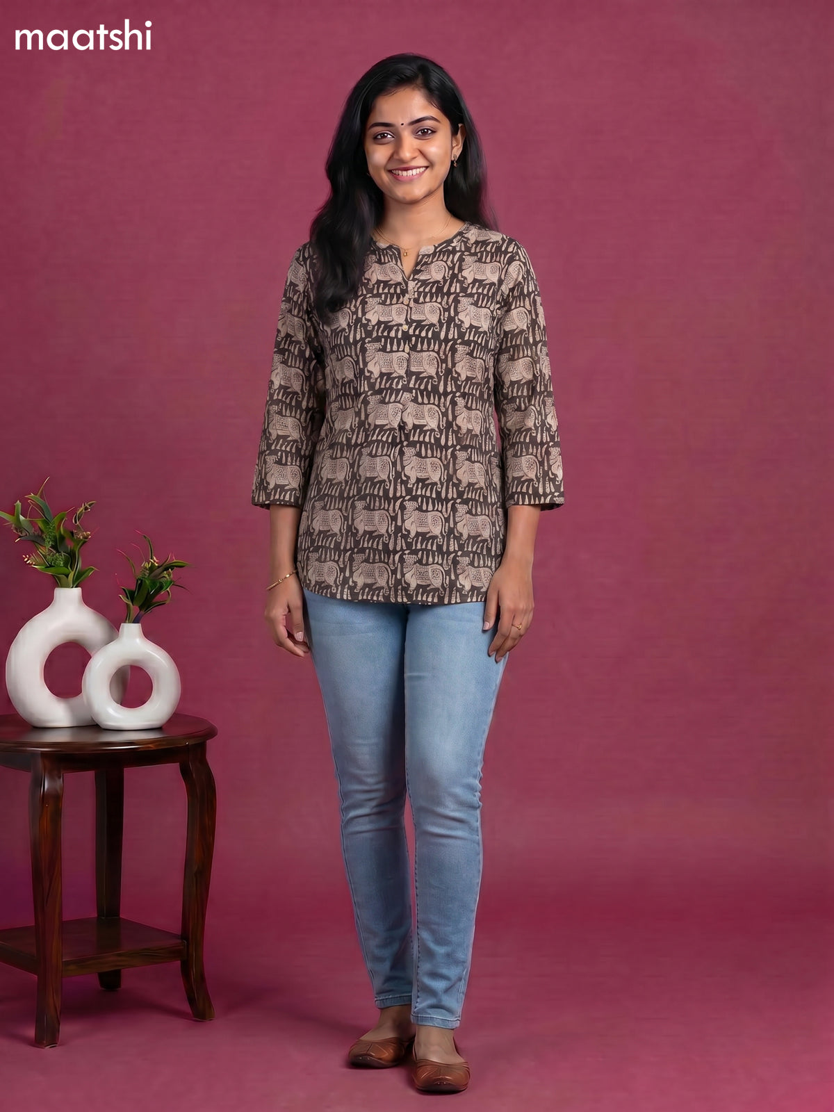 Black Cotton Pichwi Printed Short Kurti