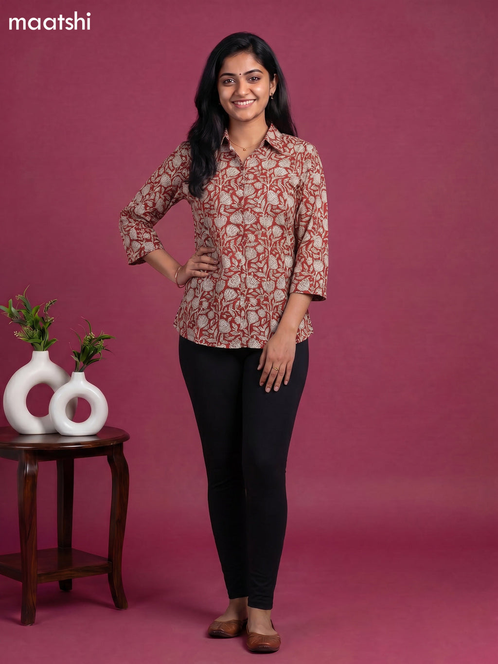 Rust and Beige Cotton Floral Printed Short Kurti
