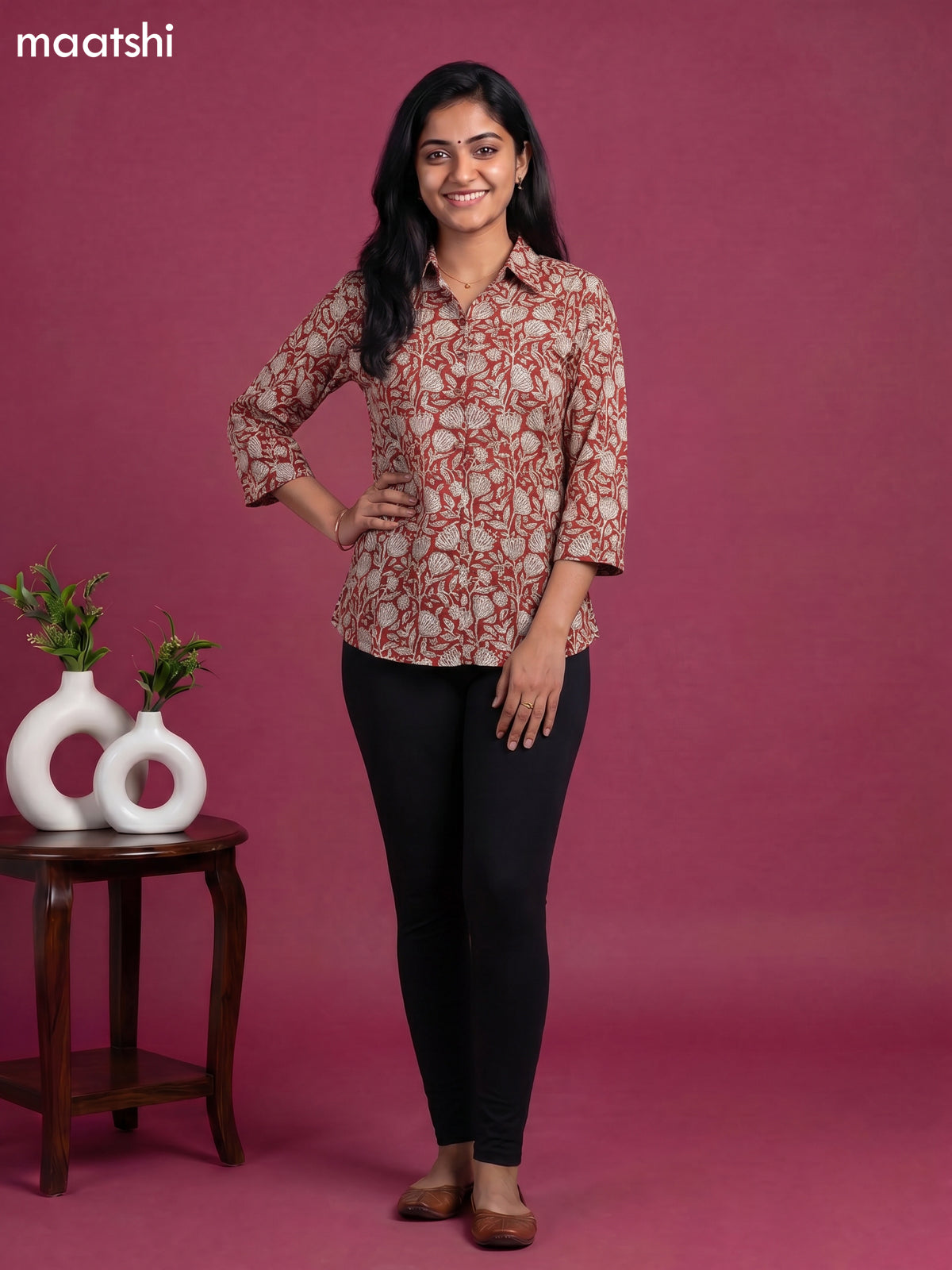 Rust and Beige Cotton Floral Printed Short Kurti
