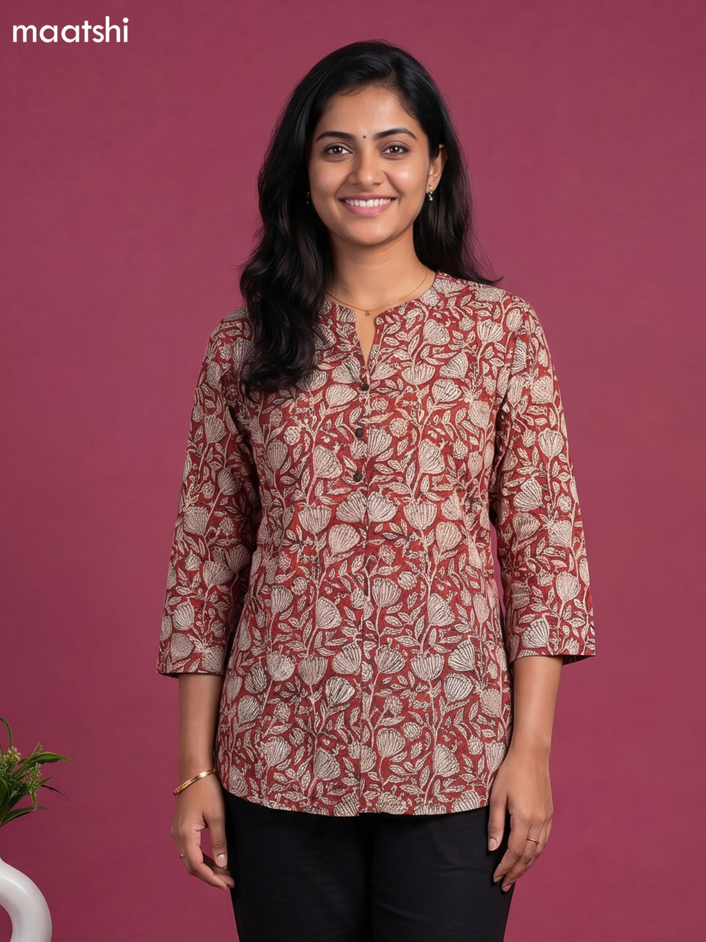 Rust and Beige Cotton Floral Printed Short Kurti