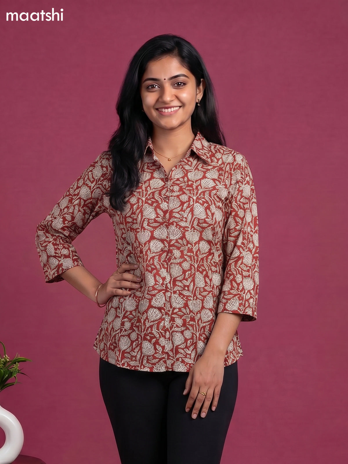 Rust and Beige Cotton Floral Printed Short Kurti