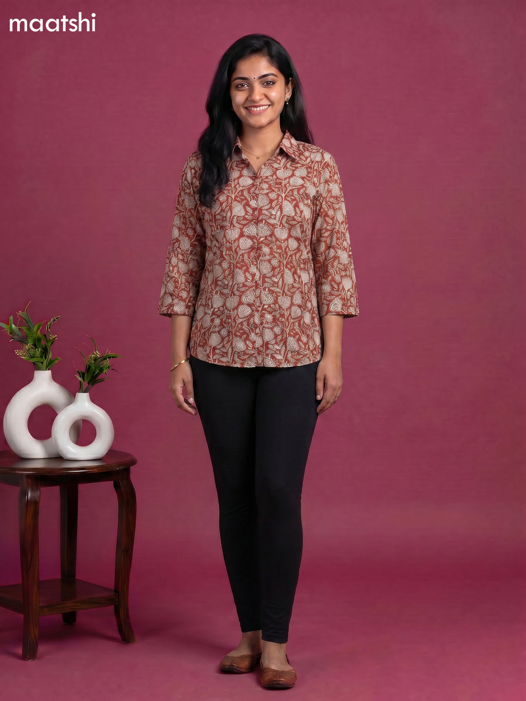 Rust and Beige Cotton Floral Printed Short Kurti