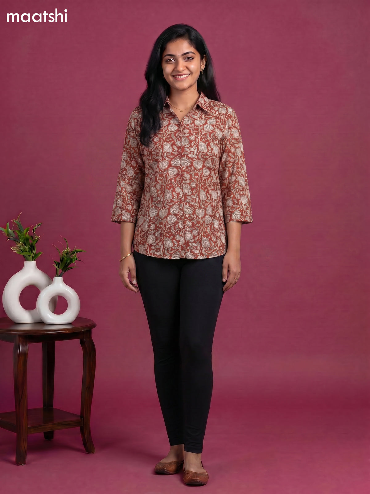 Rust and Beige Cotton Floral Printed Short Kurti