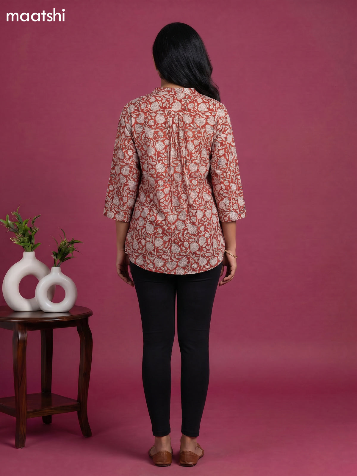 Rust and Beige Cotton Floral Printed Short Kurti