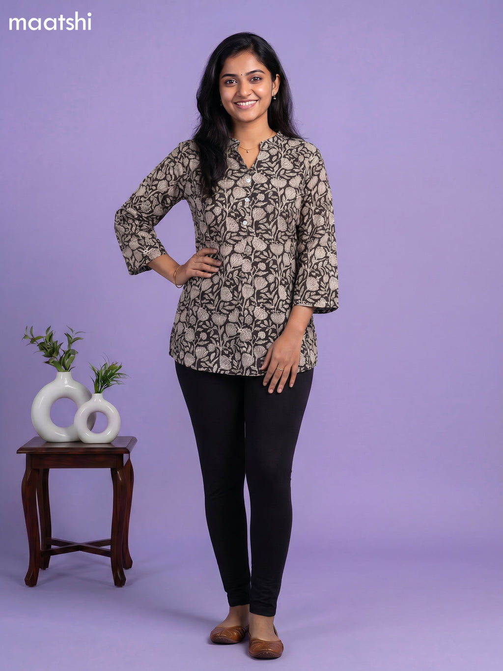 Black and Beige Cotton Floral Printed Short Kurti
