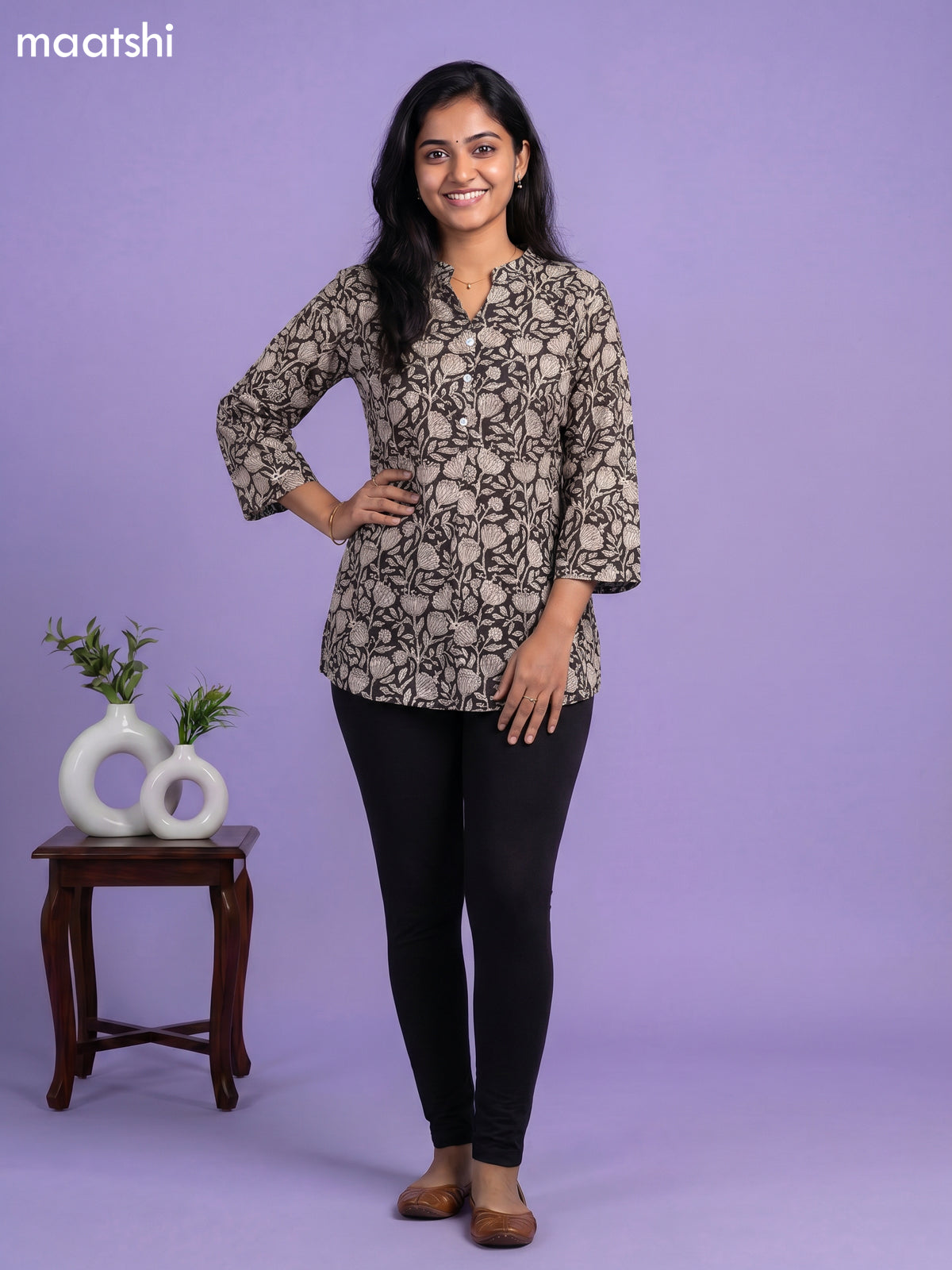 Black and Beige Cotton Floral Printed Short Kurti