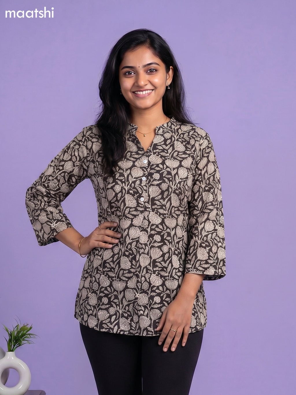 Black and Beige Cotton Floral Printed Short Kurti