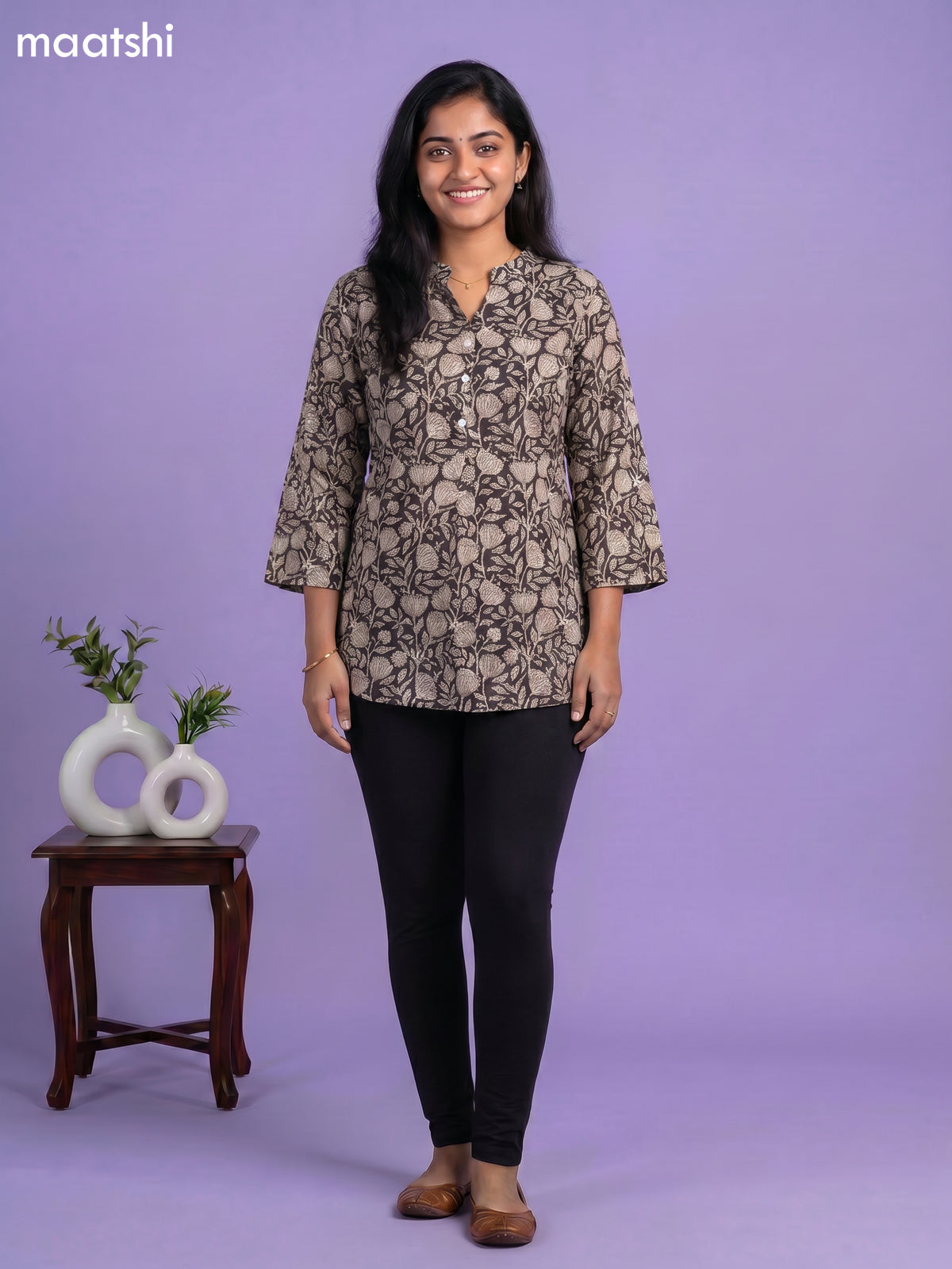 Black and Beige Cotton Floral Printed Short Kurti