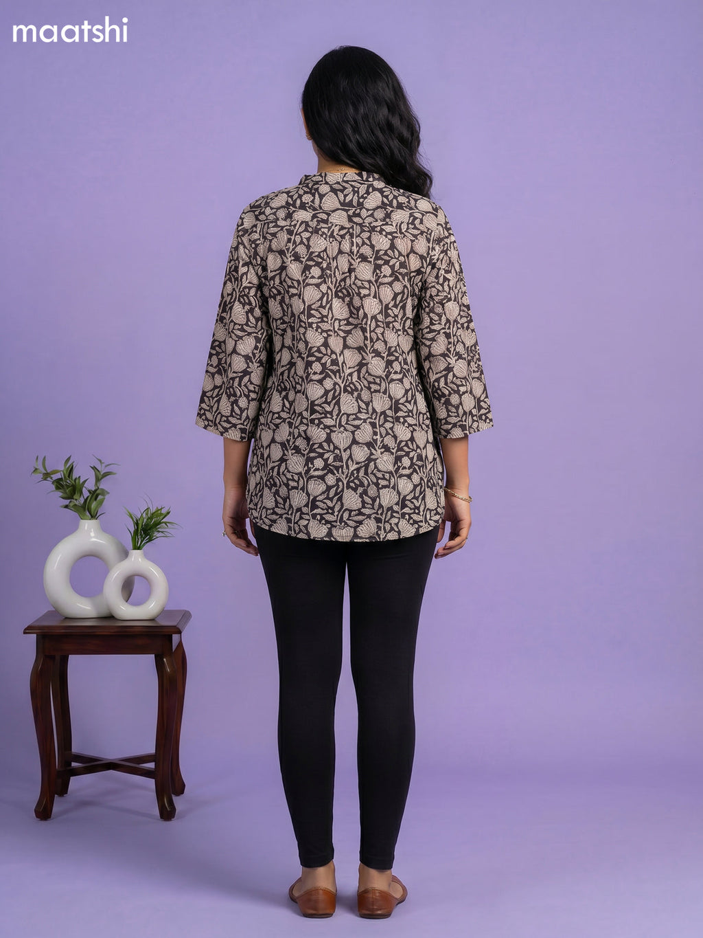 Black and Beige Cotton Floral Printed Short Kurti