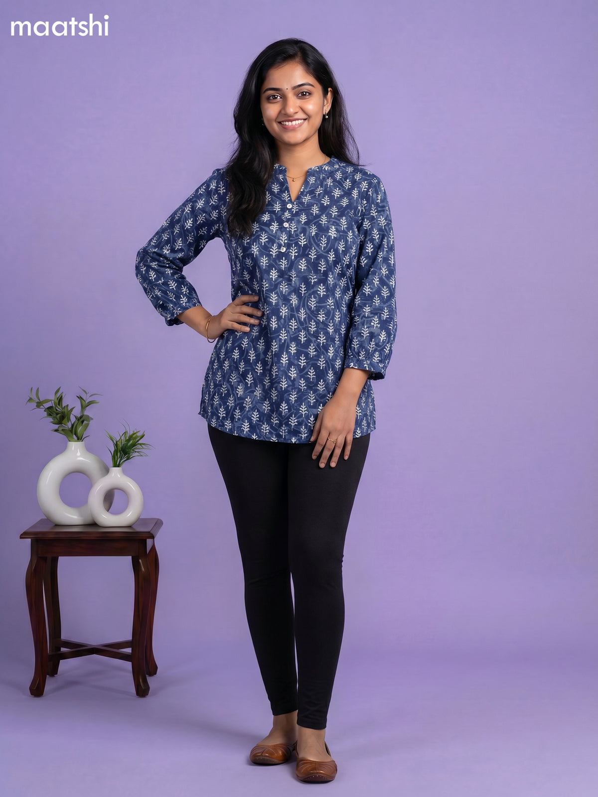 Indigo Blue Cotton Dabu Printed Short Kurti