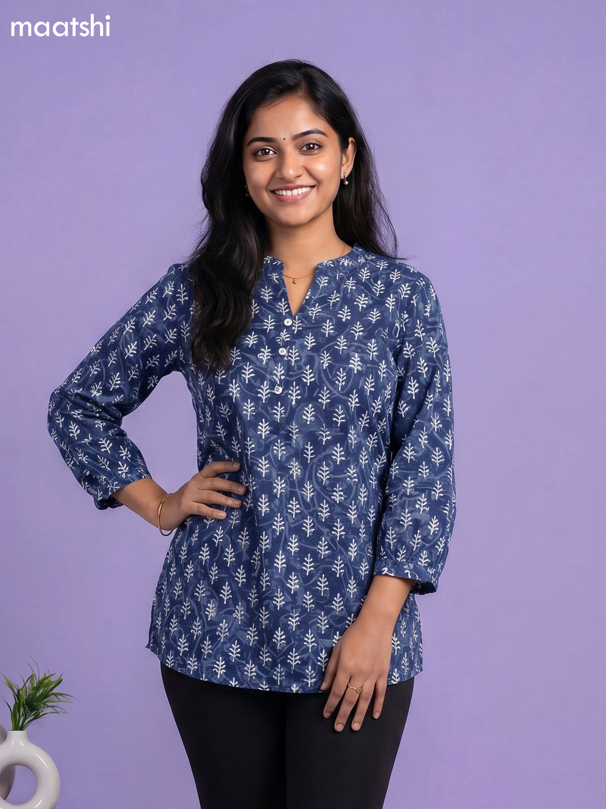 Indigo Blue Cotton Dabu Printed Short Kurti