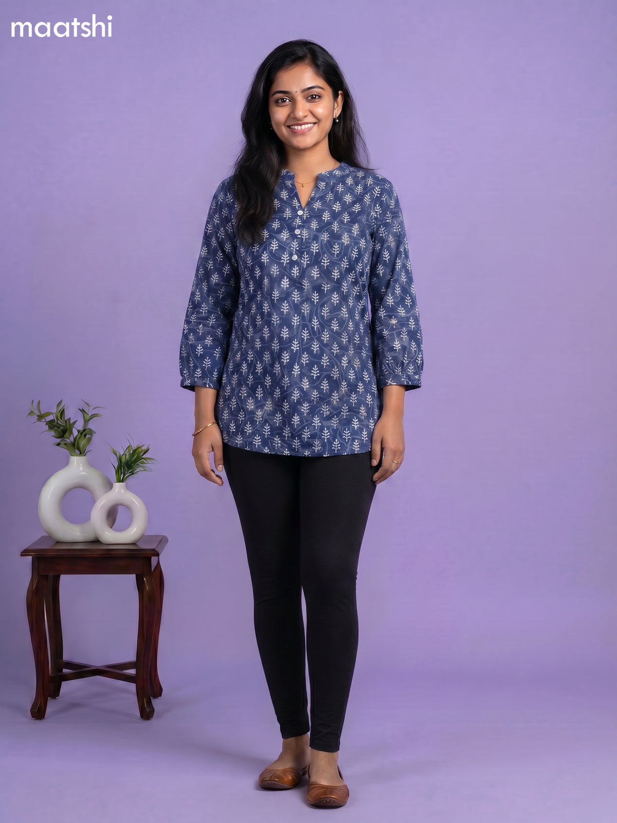 Indigo Blue Cotton Dabu Printed Short Kurti