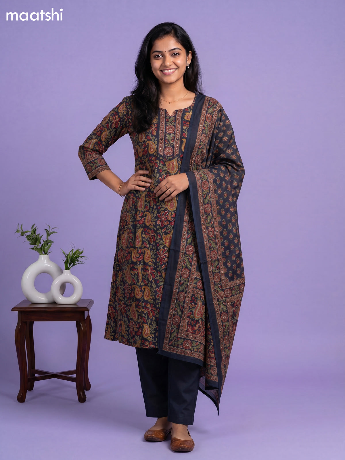 Dark Blue and Multi Colour Cotton Kalamkari Printed Anarkali Suit