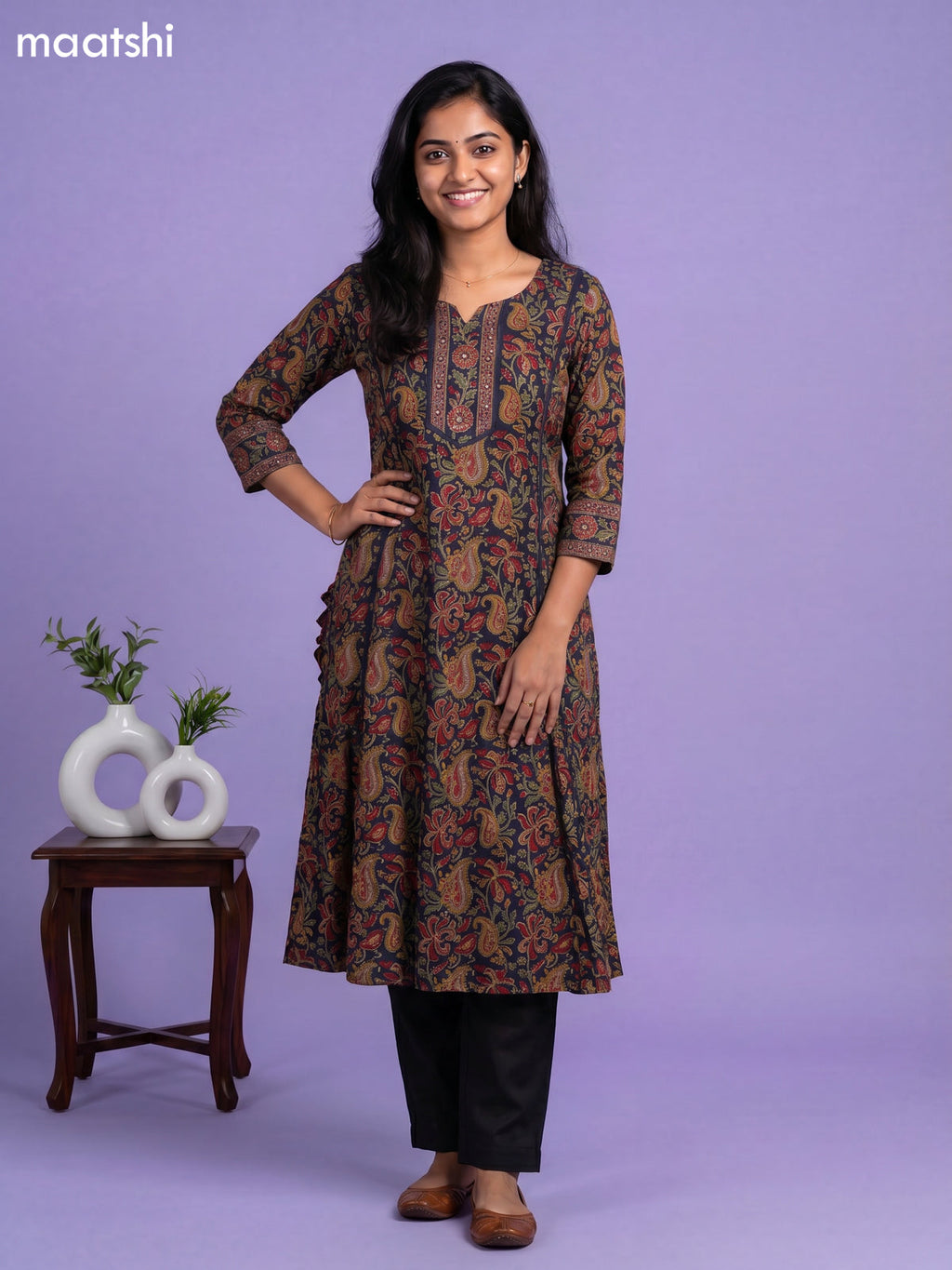 Dark Blue and Multi Colour Cotton Kalamkari Printed Anarkali Suit
