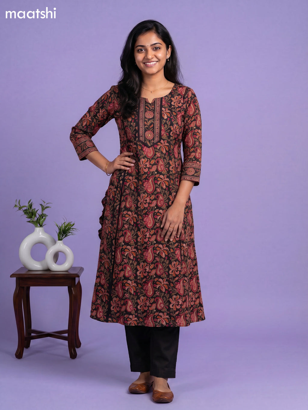 Black and Multi Colour Cotton Kalamkari Printed Anarkali Suit