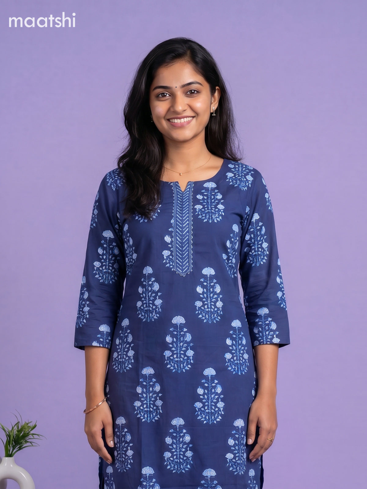 Blue Cotton Printed Straight Suit