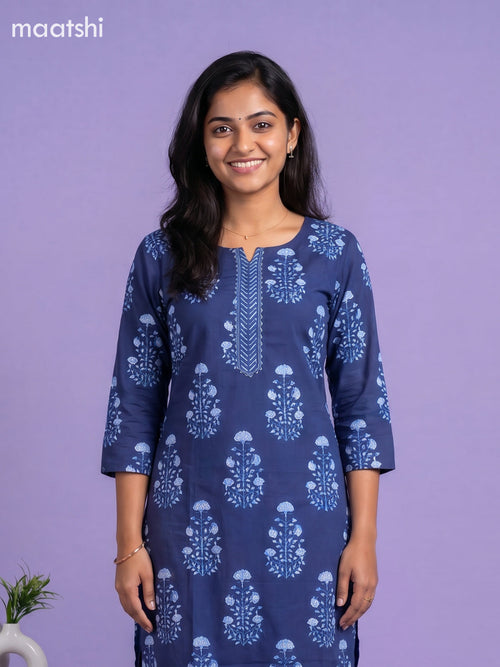 Blue Cotton Printed Straight Suit