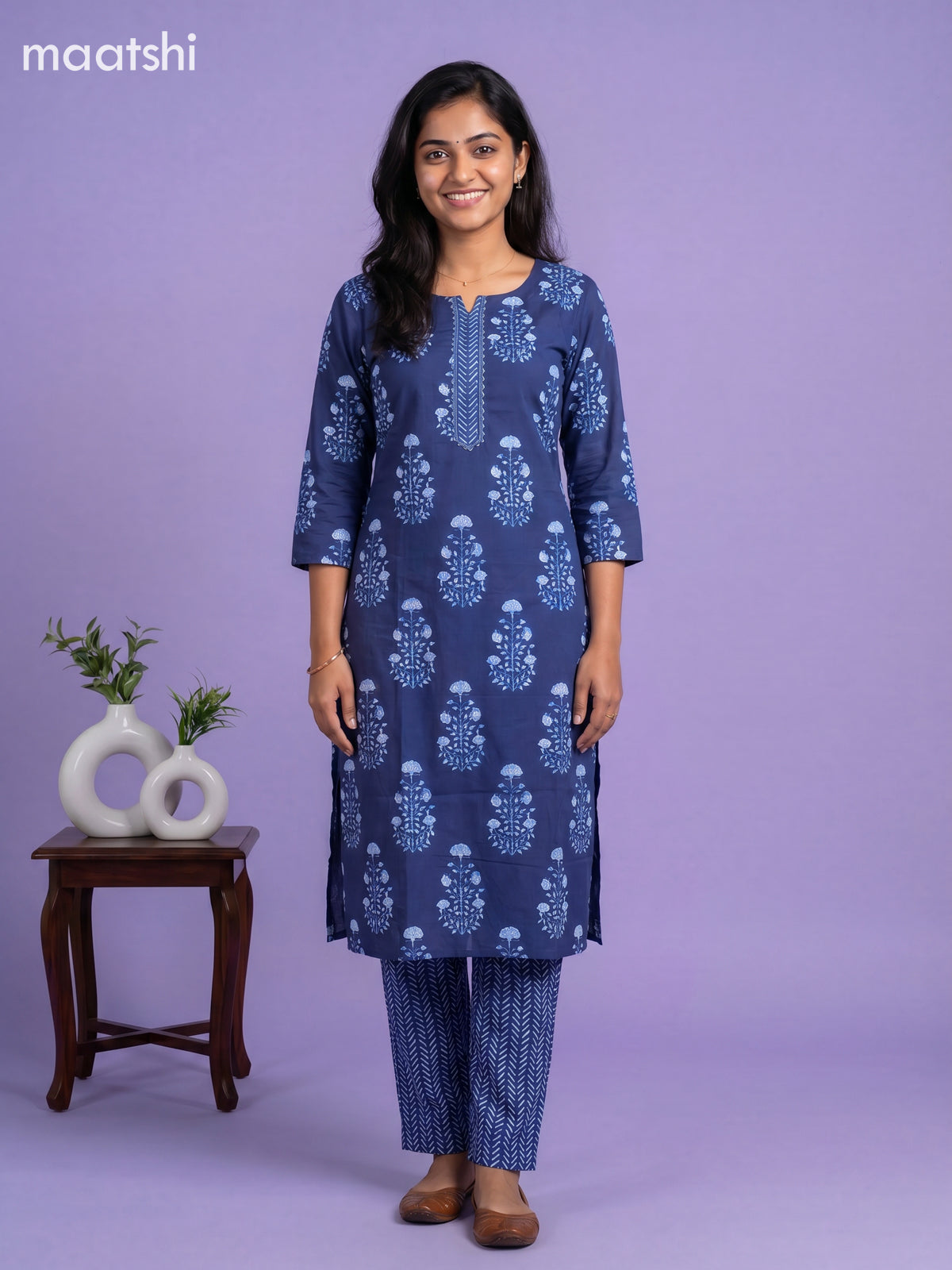 Blue Cotton Printed Straight Suit