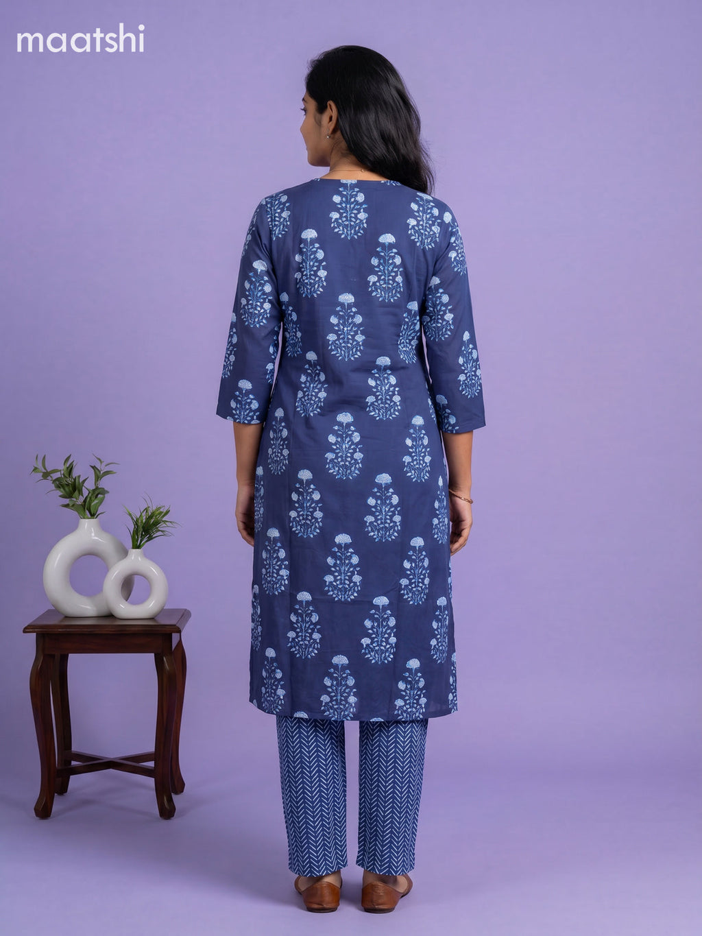 Blue Cotton Printed Straight Suit