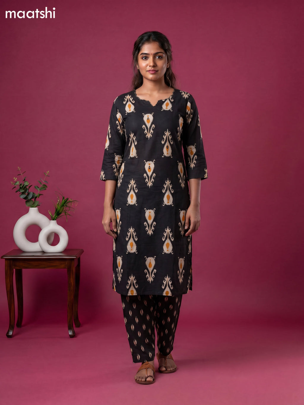 Black Cotton Printed Straight Suit