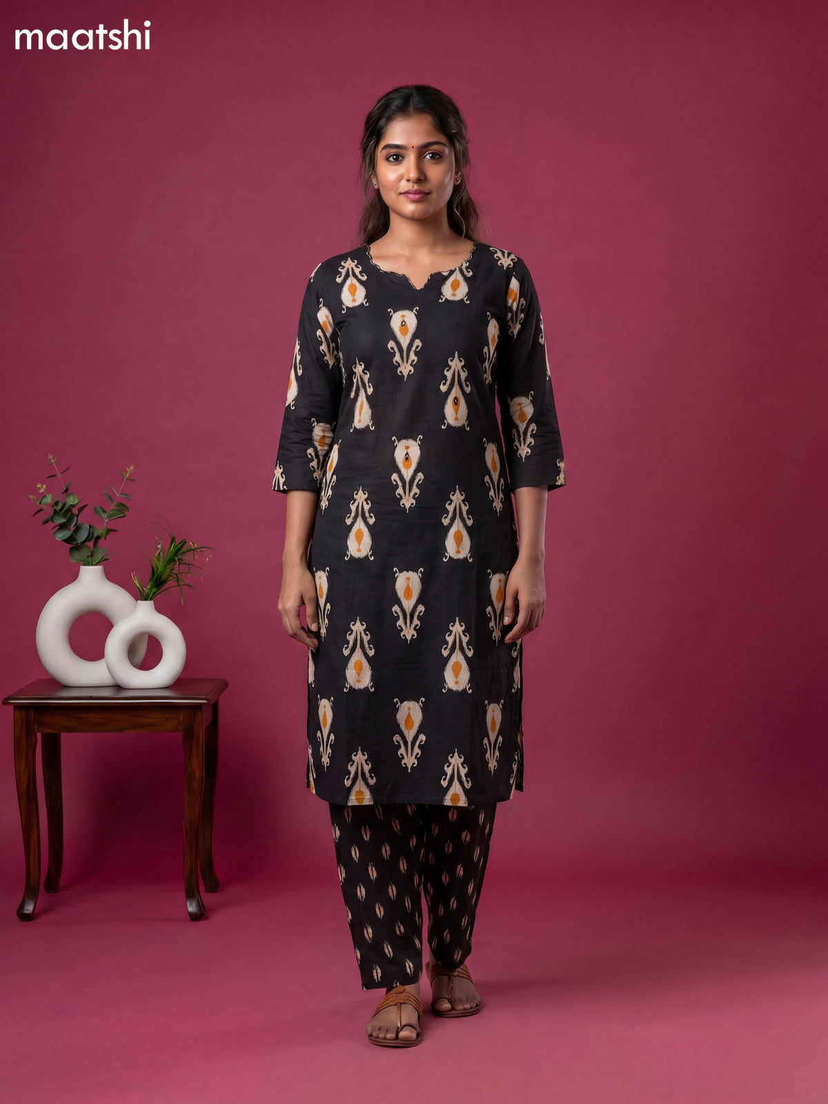 Black Cotton Printed Straight Suit