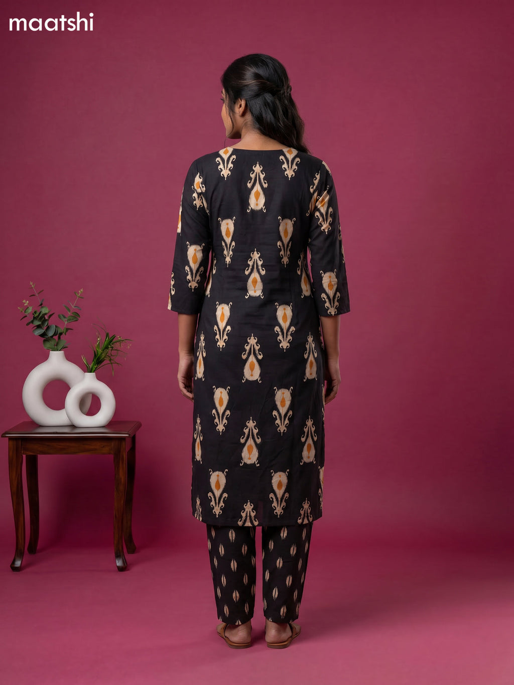 Black Cotton Printed Straight Suit