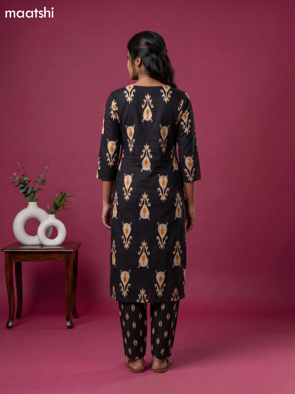 Black Cotton Printed Straight Suit