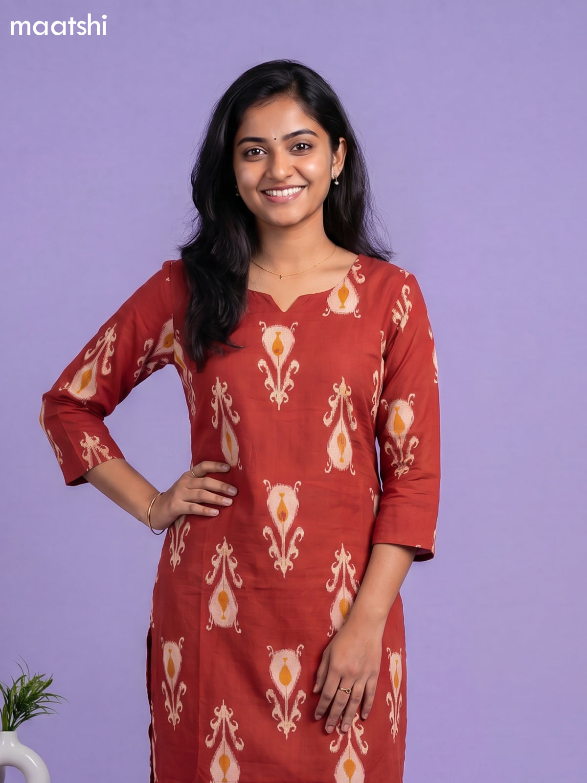 Dark Orange Cotton Printed Straight Suit