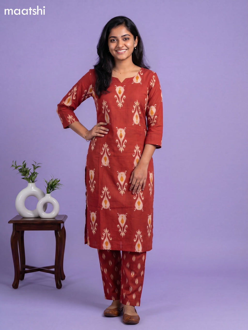 Dark Orange Cotton Printed Straight Suit