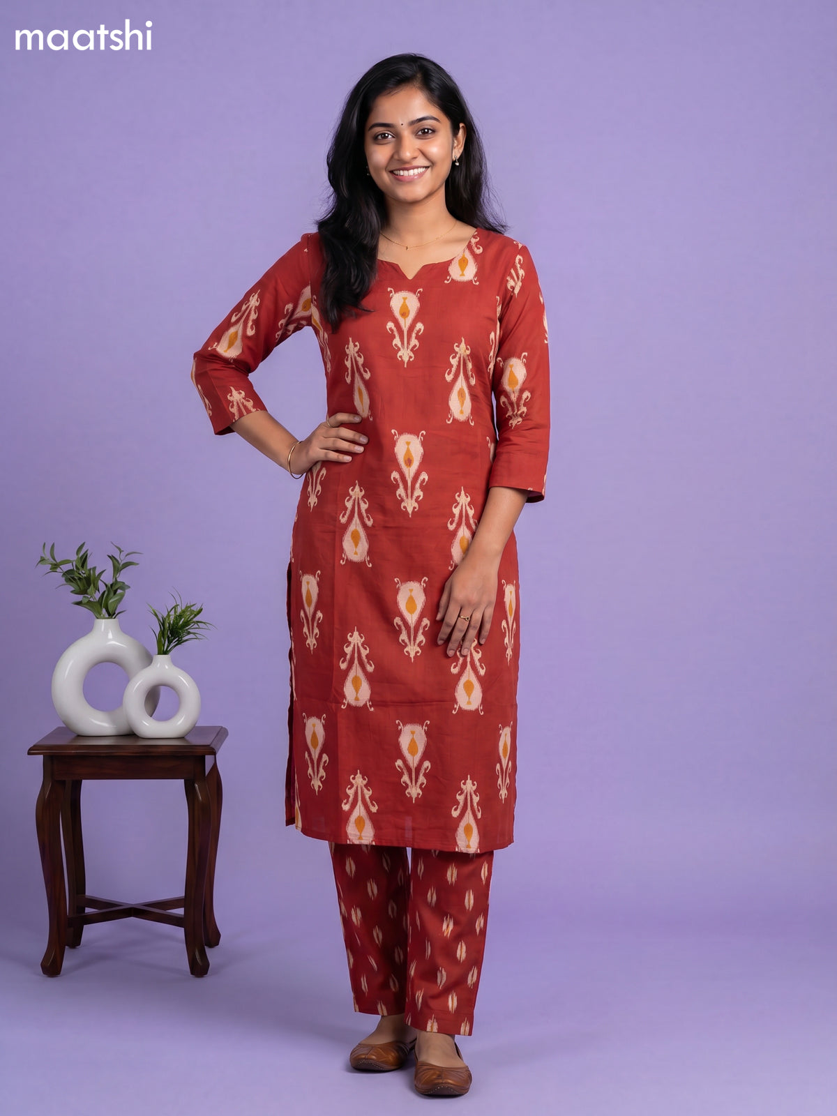 Dark Orange Cotton Printed Straight Suit