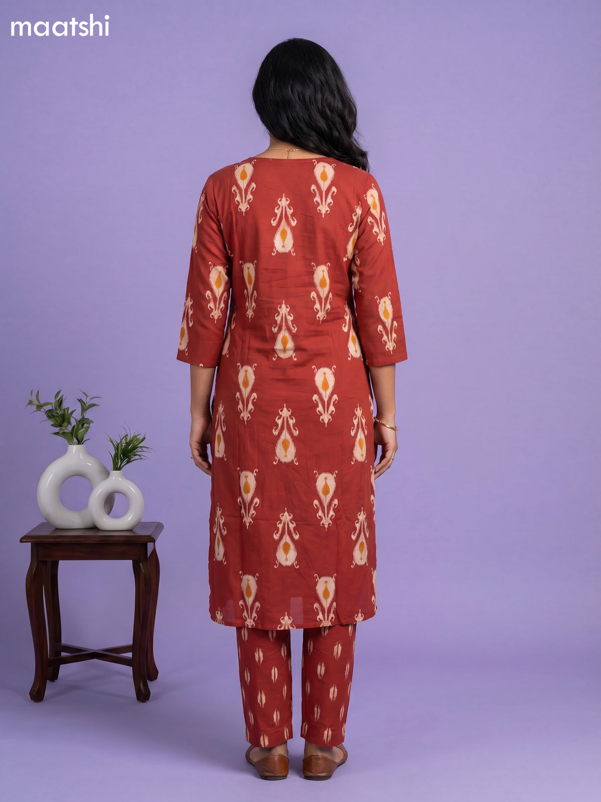 Dark Orange Cotton Printed Straight Suit