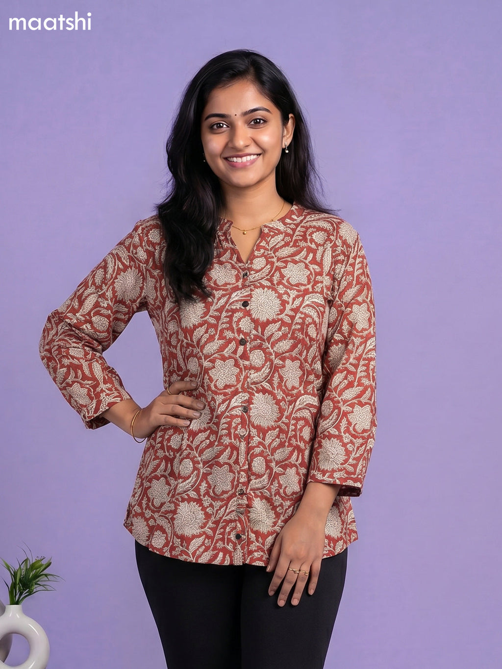 Rust Orange Cotton Floral Printed Short Kurti