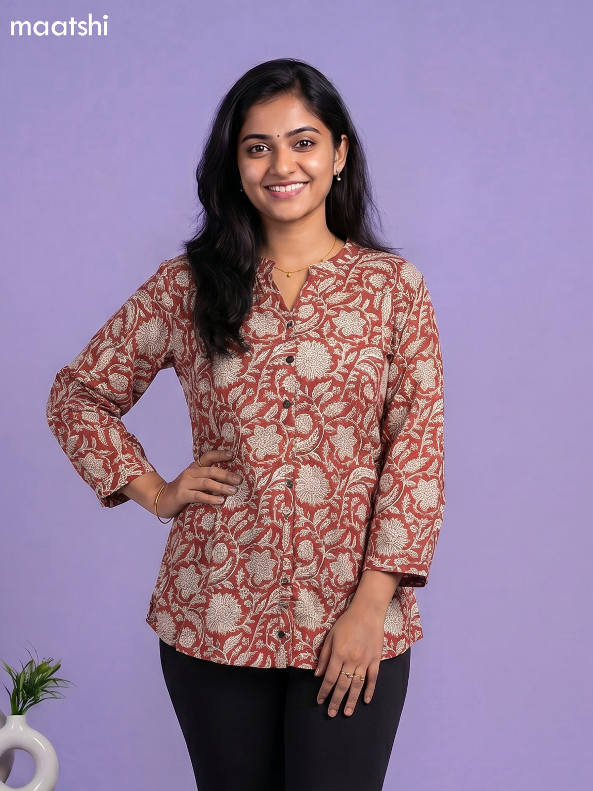 Rust Orange Cotton Floral Printed Short Kurti