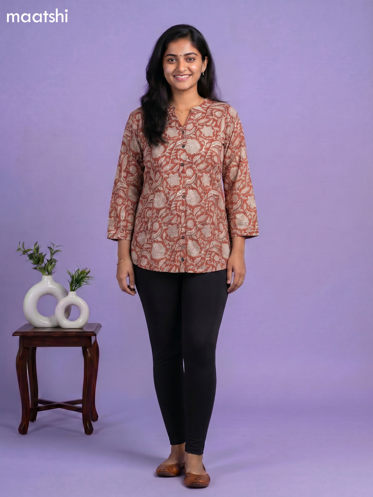 Rust Orange Cotton Floral Printed Short Kurti