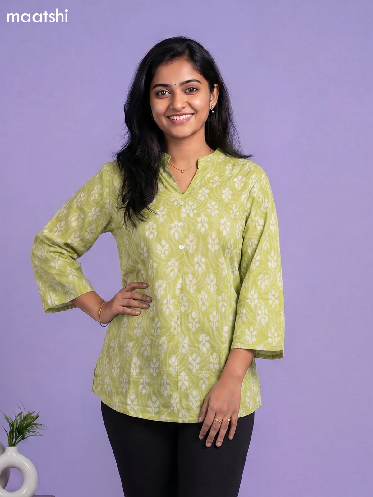 Pastel Green Cotton Dabu Printed Short Kurti