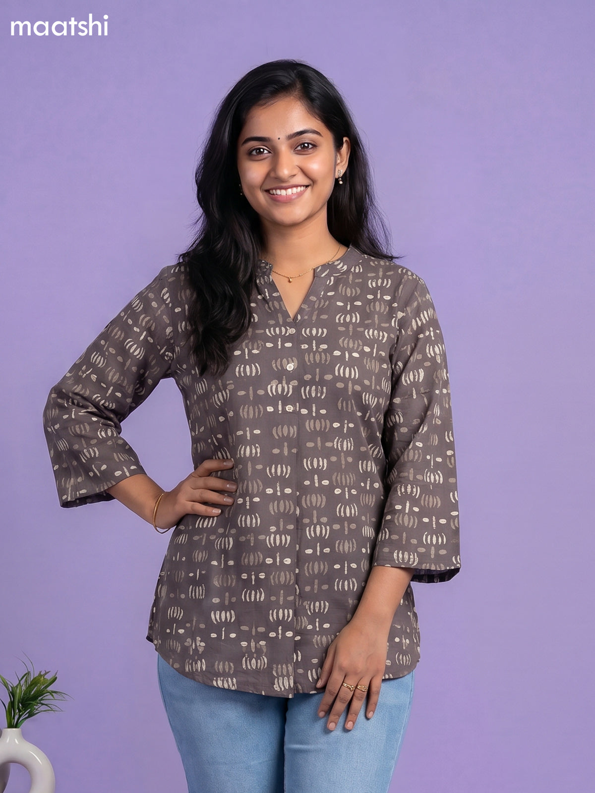 Dark Grey Cotton Printed Short Kurti