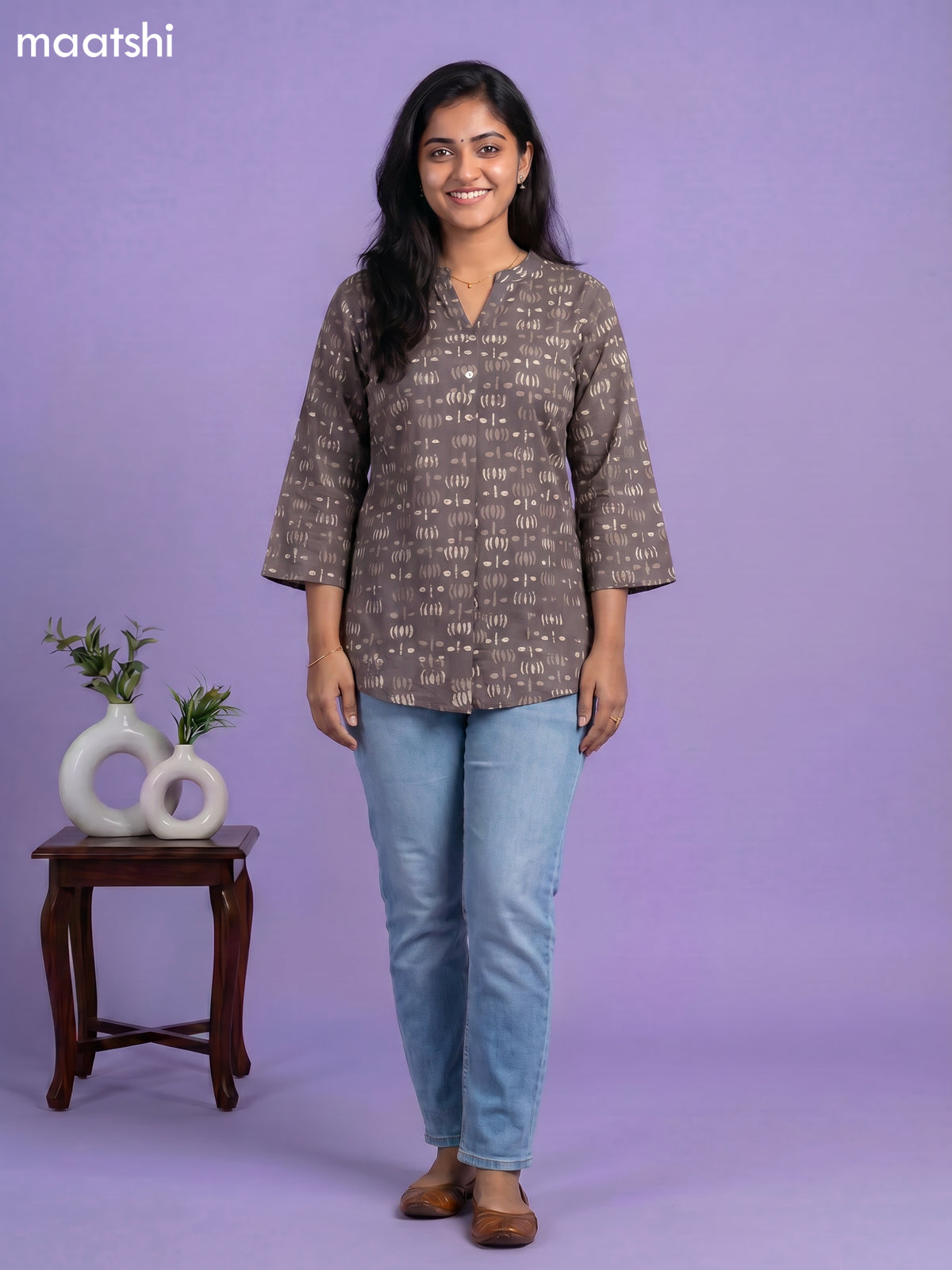 Dark Grey Cotton Printed Short Kurti