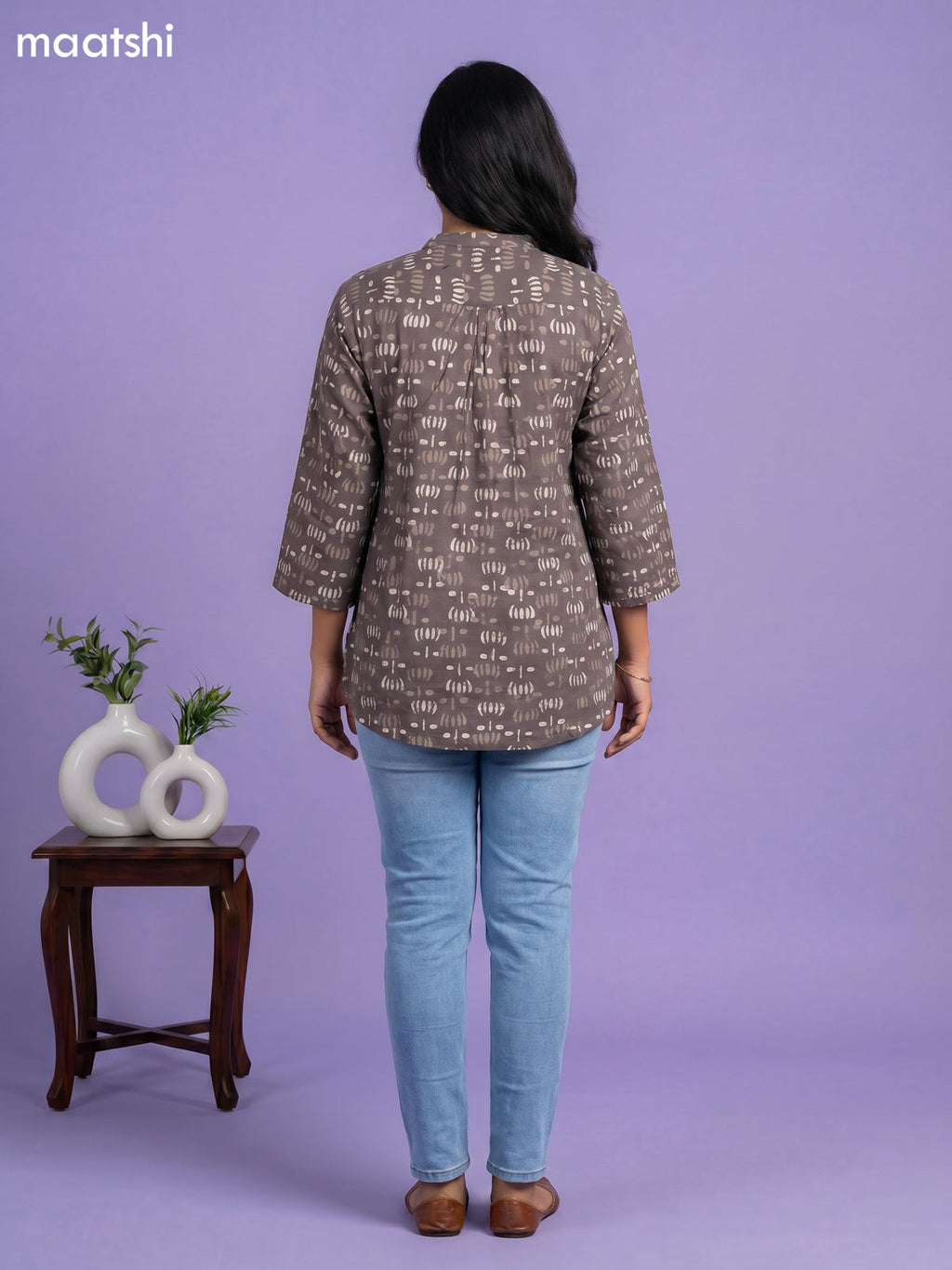 Dark Grey Cotton Printed Short Kurti