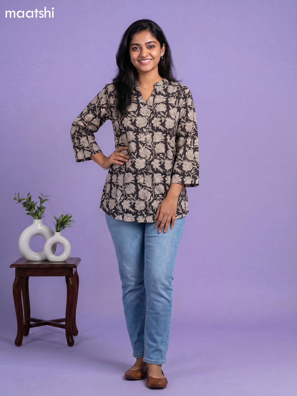 Black Cotton Floral Printed Short Kurti