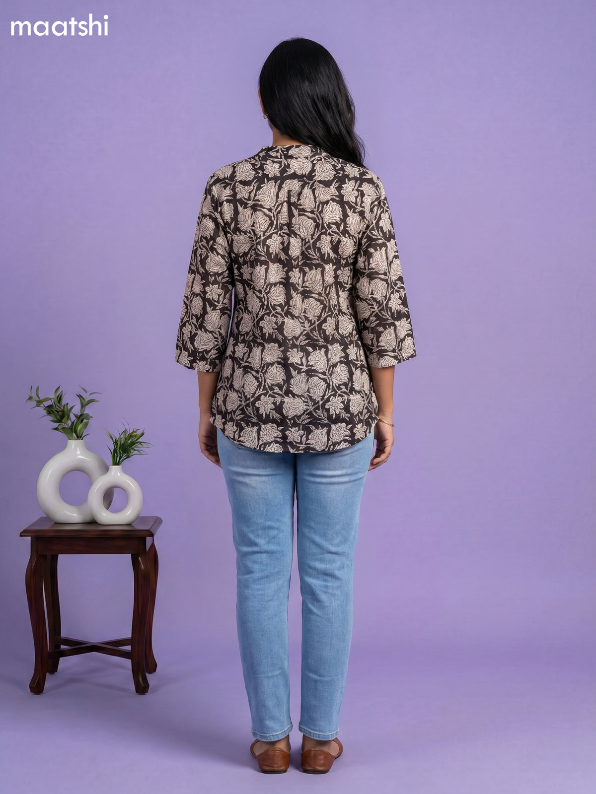 Black Cotton Floral Printed Short Kurti