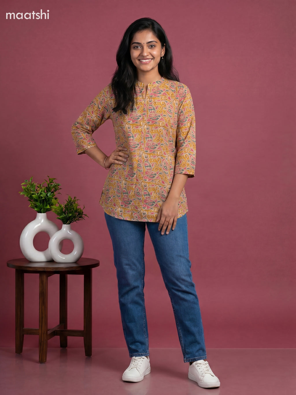 Musted Yellow Cotton Printed Short Kurti
