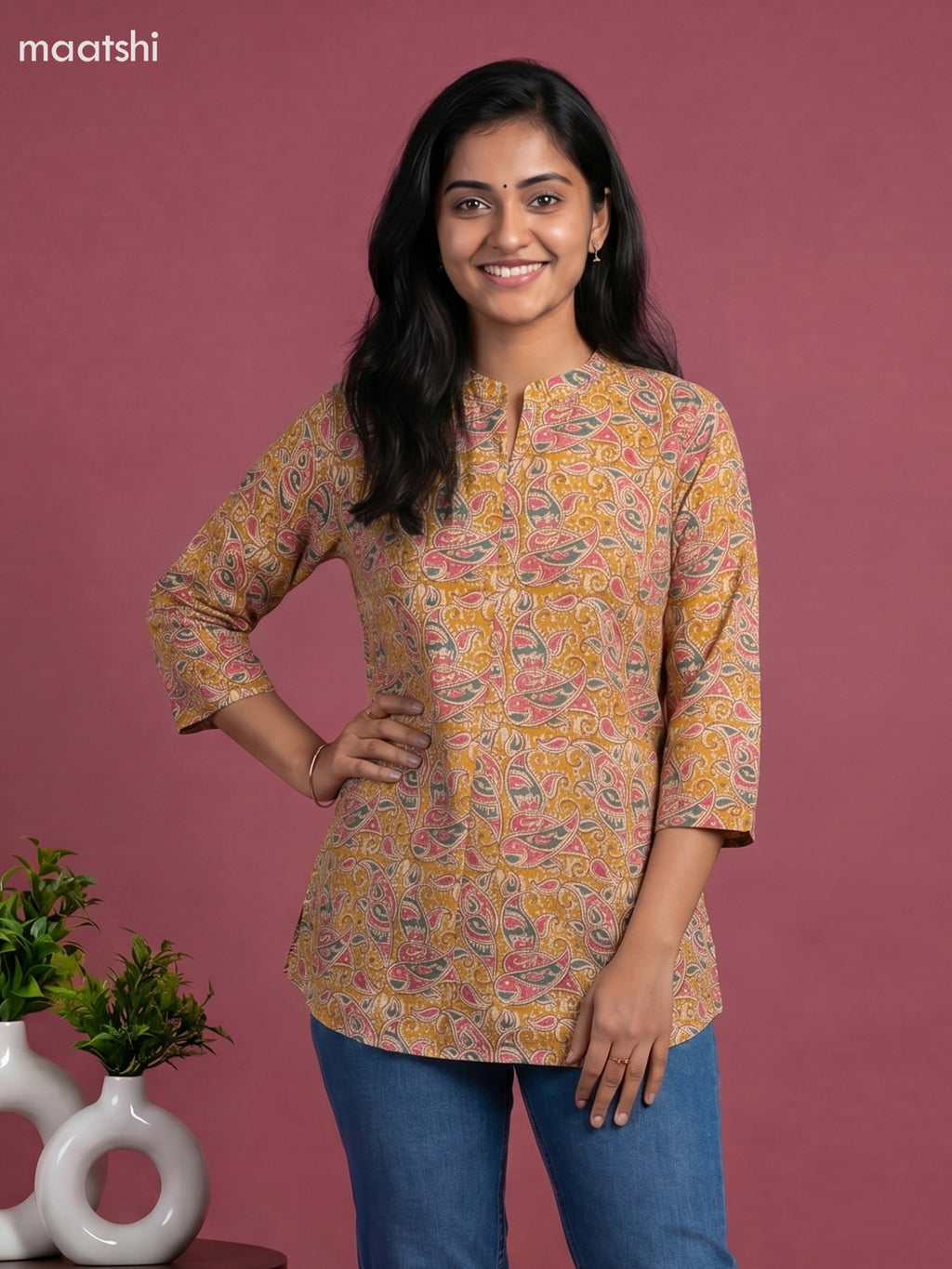 Musted Yellow Cotton Printed Short Kurti