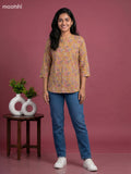 Musted Yellow Cotton Printed Short Kurti