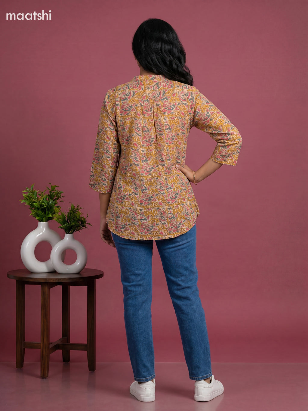 Musted Yellow Cotton Printed Short Kurti
