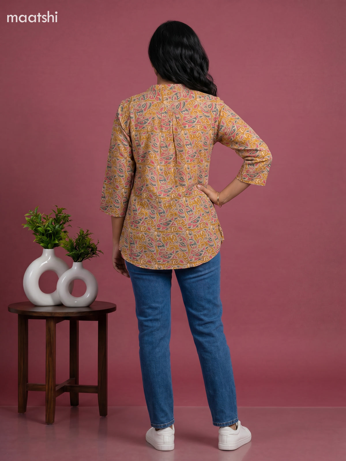 Musted Yellow Cotton Printed Short Kurti