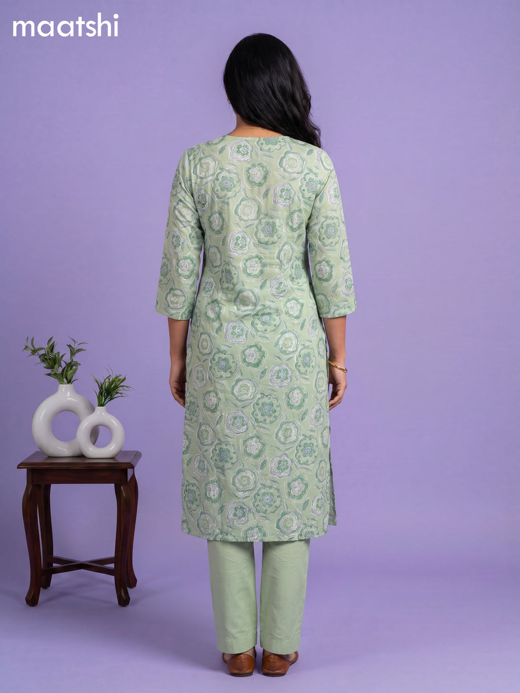 Green Cotton Printed & Simple Embroidery Work Neck Pattern Straight Suit