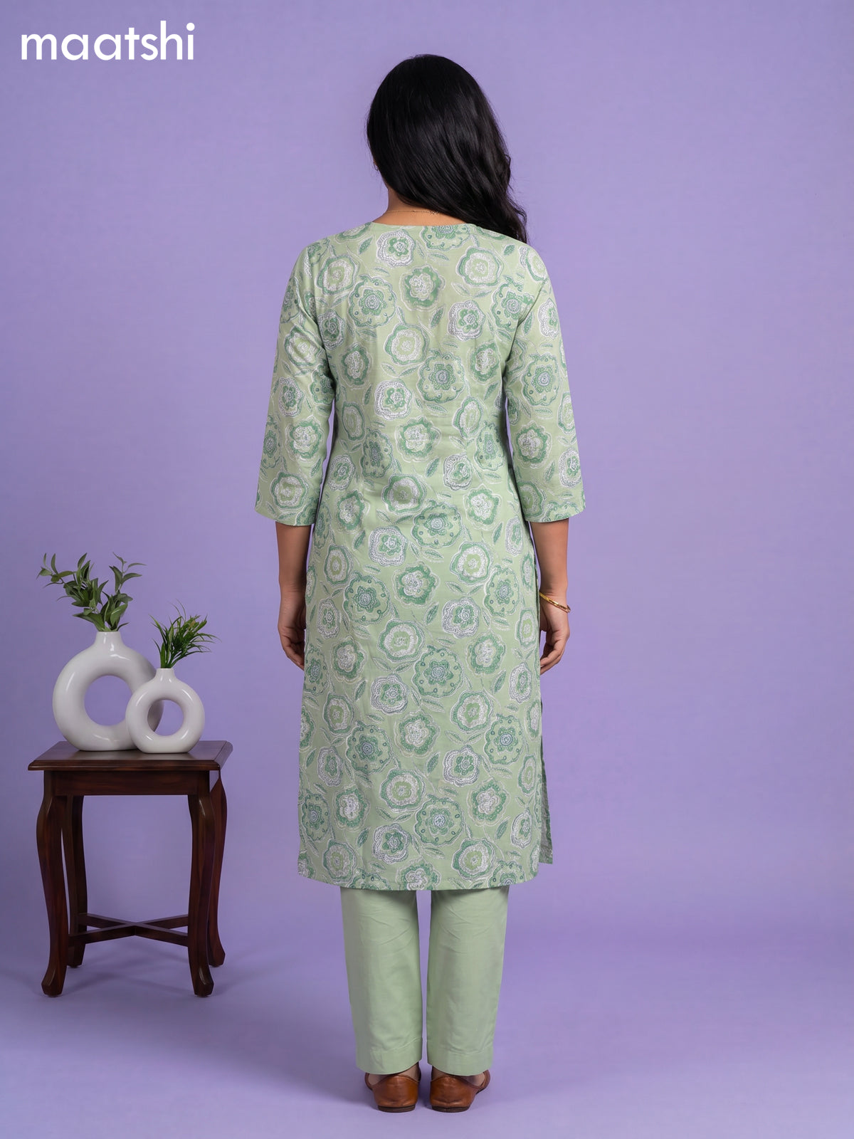 Green Cotton Printed & Simple Embroidery Work Neck Pattern Straight Suit