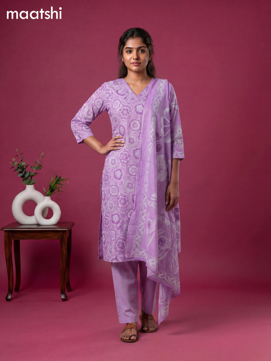 Lavender Cotton Printed & Simple Embroidery Work Neck Pattern Straight Suit