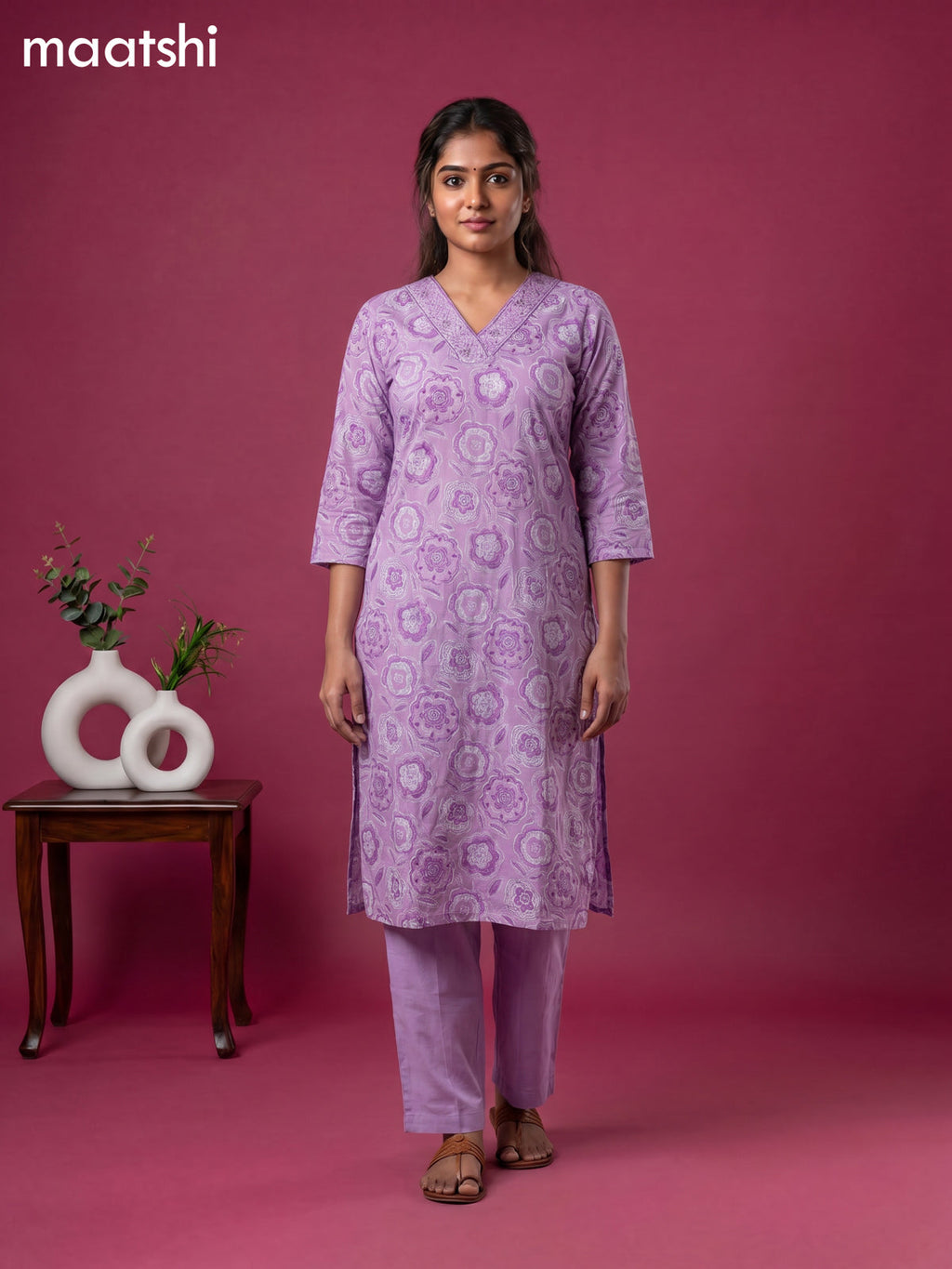 Lavender Cotton Printed & Simple Embroidery Work Neck Pattern Straight Suit