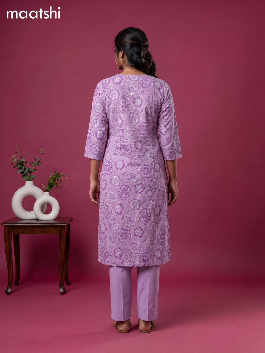 Lavender Cotton Printed & Simple Embroidery Work Neck Pattern Straight Suit